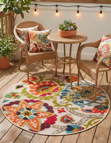 Multi Beige Easy-Clean Casablanca Indoor / Outdoor Round Rug