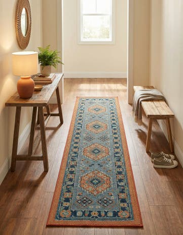 Blue and Rust Red Easy-Clean Baja Indoor / Outdoor Runner Rug