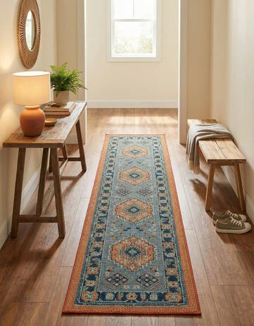 Blue and Rust Red Easy-Clean Baja Indoor / Outdoor Runner Rug