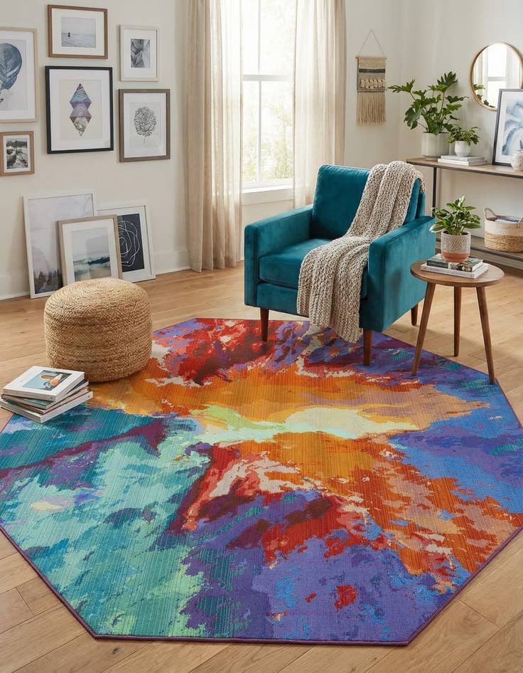 Detail image of 7' x 7'  Washable Modern Indoor / Outdoor Octagon Rug