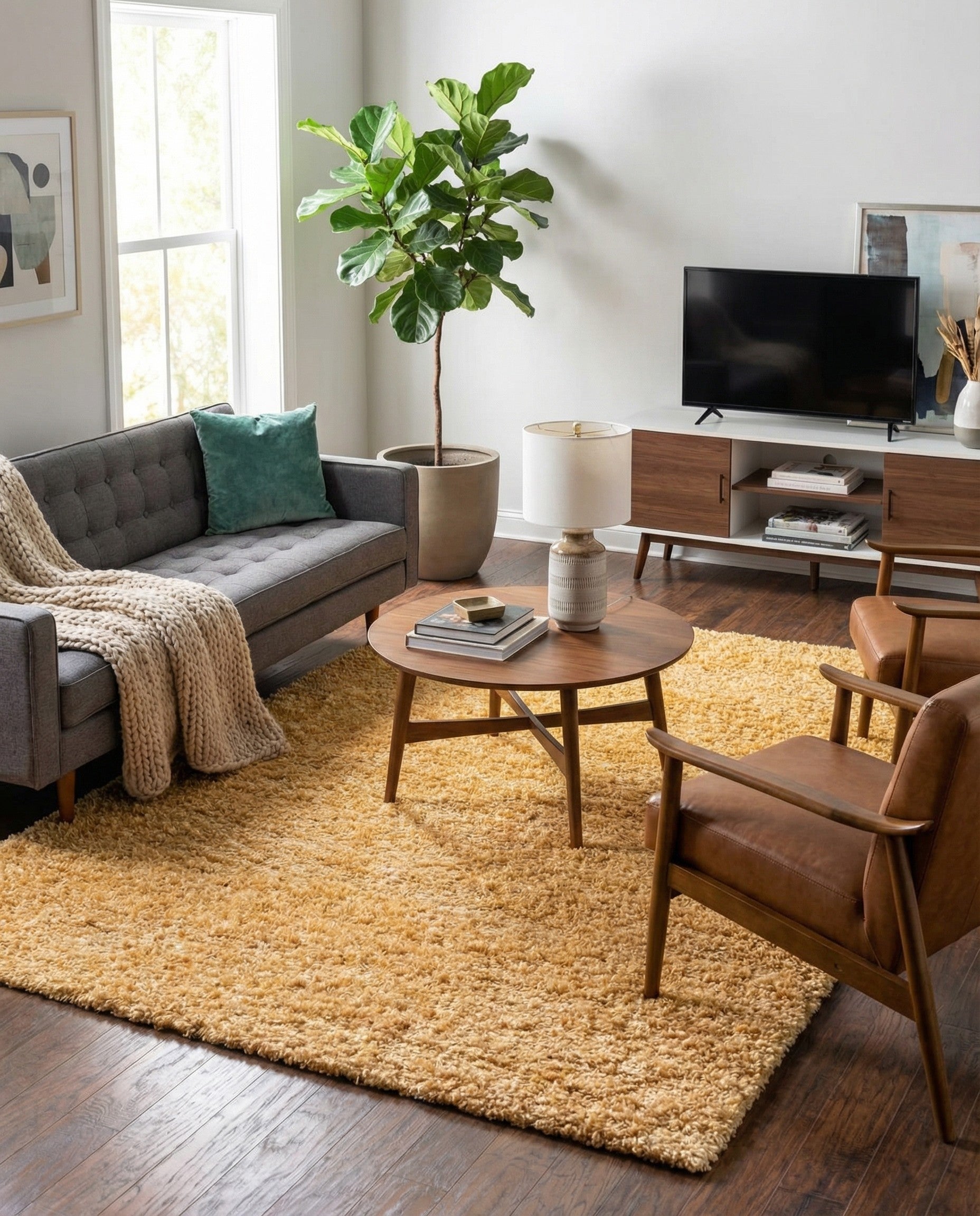 A large 9x12 rectangular Zermatt Shag rug in a solid golden yellow color, featuring a plush, textured pile.