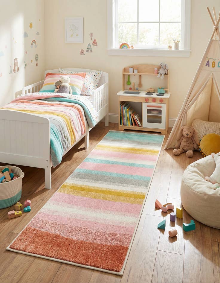 Detail image of 2' x 5' 3 Rainbow Stripes Whimsy Kids Runner Rug