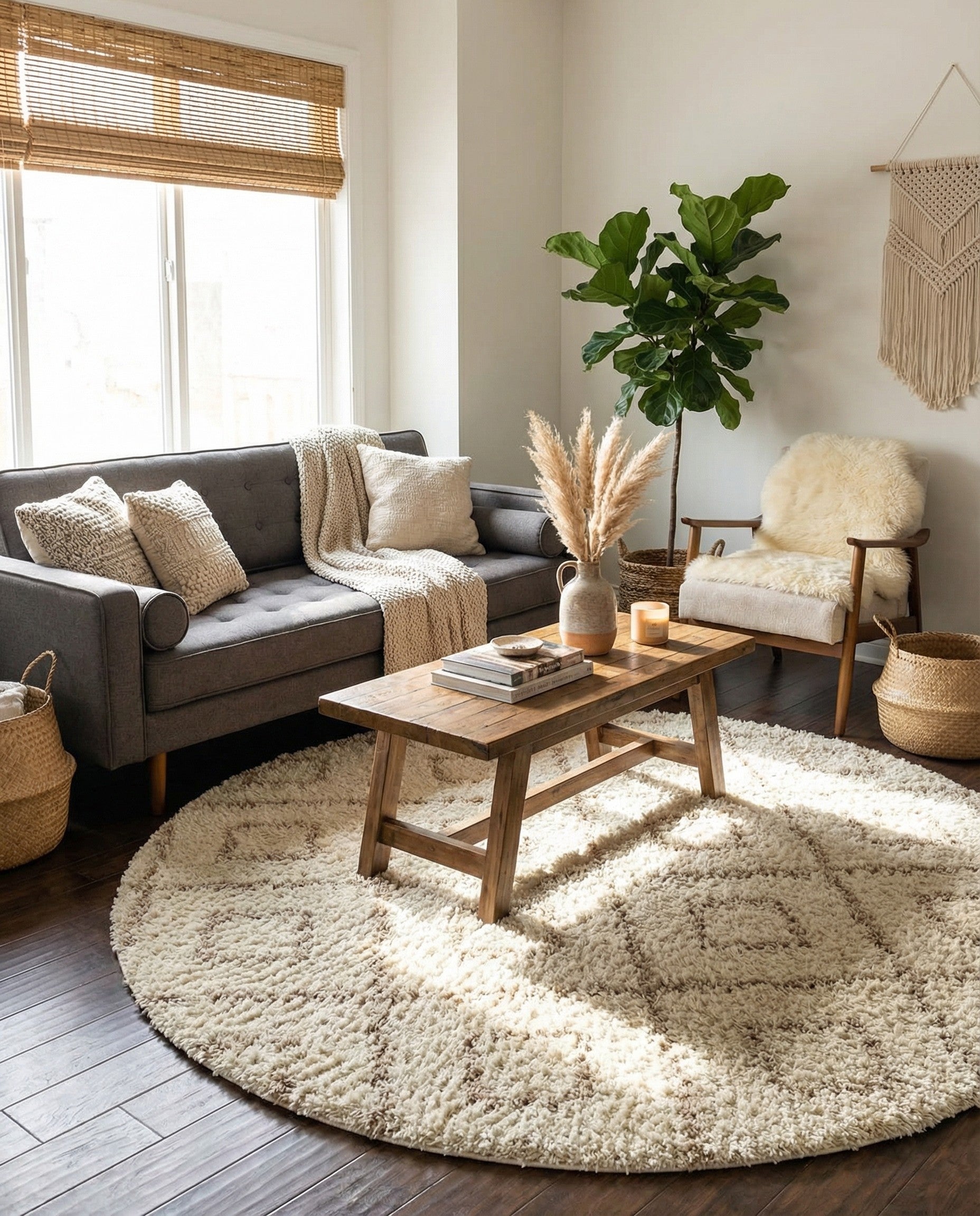 A round, cream and brown shag rug with a modern geometric lattice pattern, perfect for a living room.