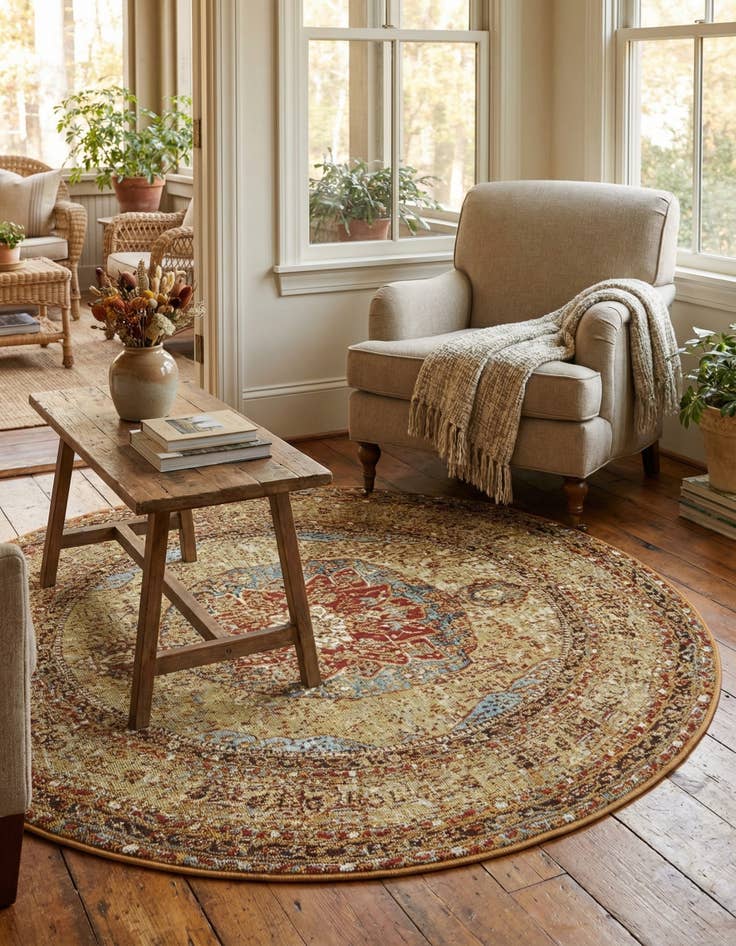 Detail image of  5' 3 x 5' 3  Washable Traditional Indoor / Outdoor Round Rug