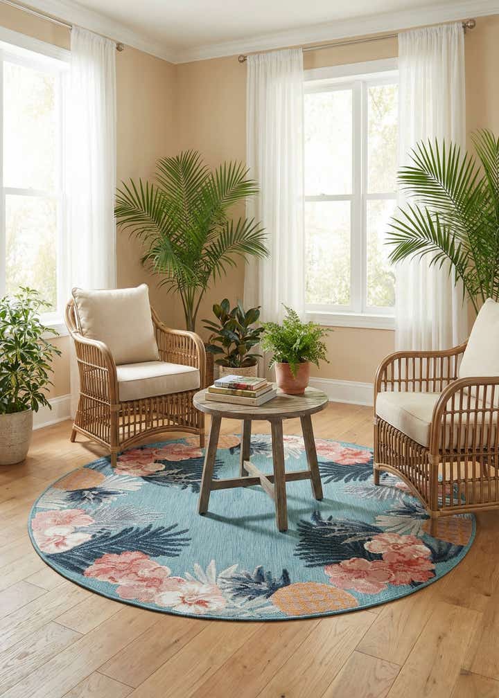 4' 5 x 4' 5 Easy-Clean Botanical Indoor / Outdoor Round Rug