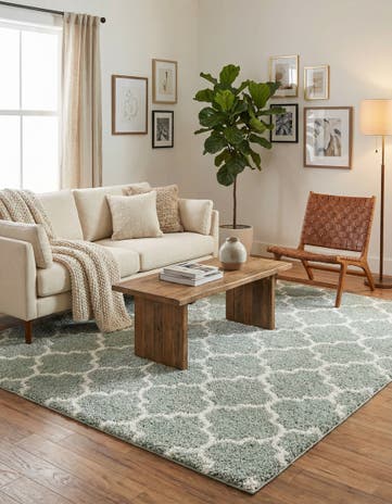 White Cyan Moroccan Shag Square Rug
