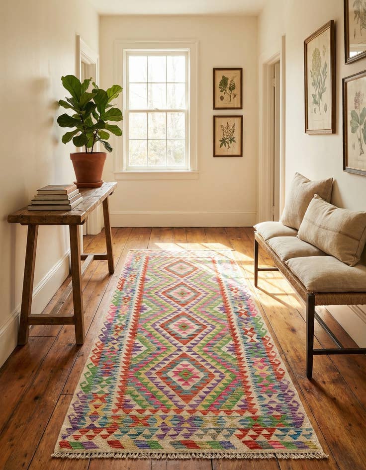 Detail image of 3' 2 x 6' 3  Hand Woven Kilim Maymana Wool Runner Rug