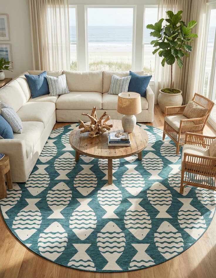 Detail image of 12' x 12'  Washable Coastal Indoor / Outdoor Round Rug