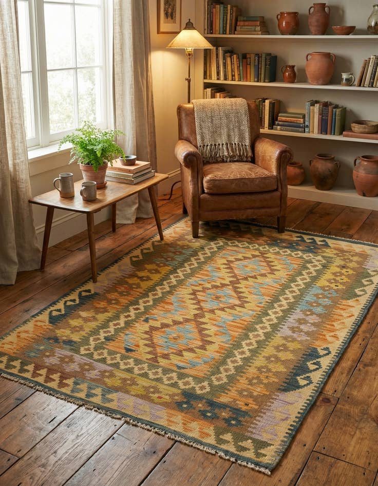 Detail image of  3' 5 x 4' 7  Hand Woven Kilim Maymana Wool Rug