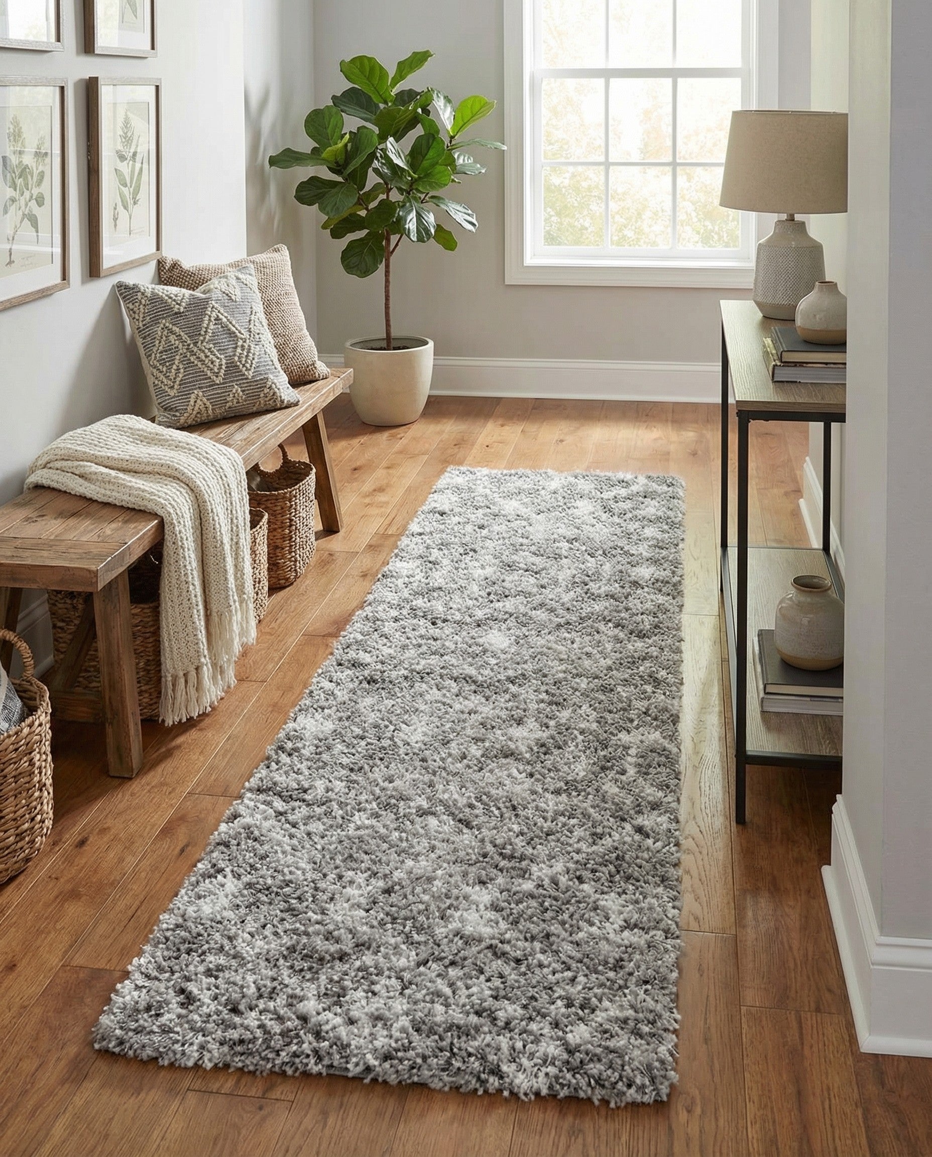 A gray and silver 8 ft runner rug with a thick shag pile and a subtle tribal pattern, ideal for a hallway.