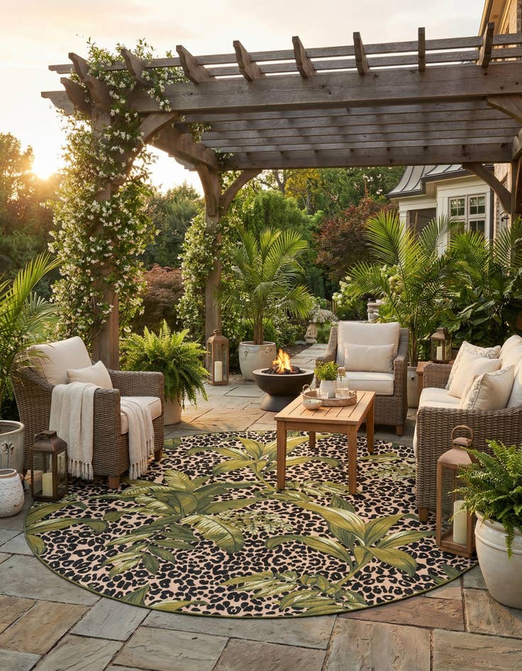 Detail image of 10' x 10'  Washable Botanical Indoor / Outdoor Round Rug