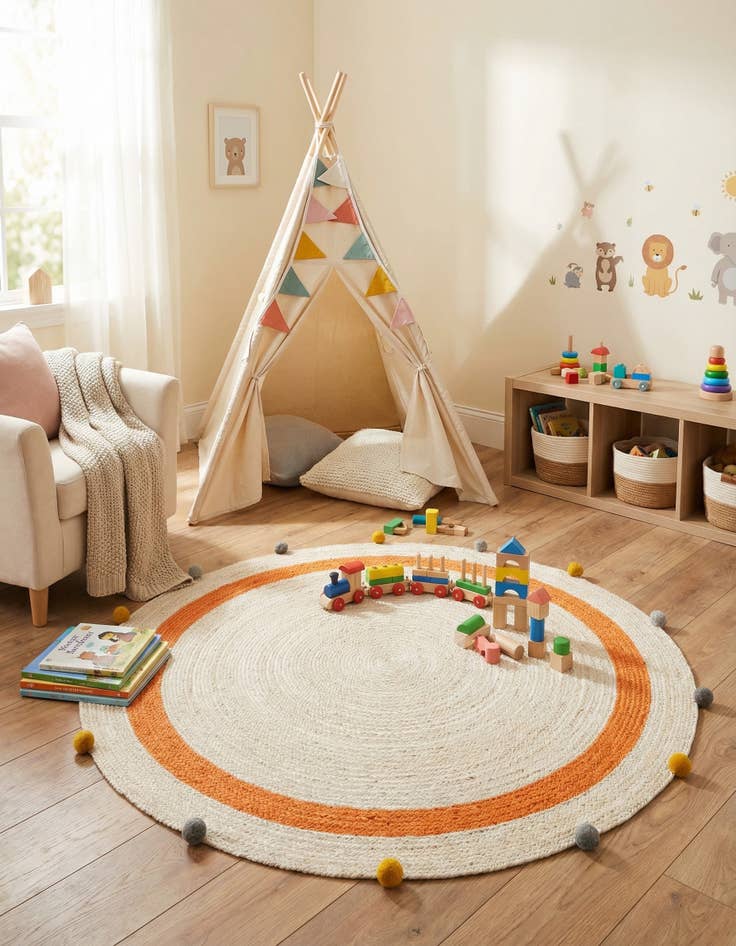 Detail image of 5' 1 x 5' 1  Hand Braided Kids Braided Jute Round Rug