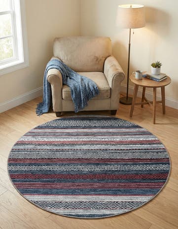 Navy Blue Washable Yara Round Rug