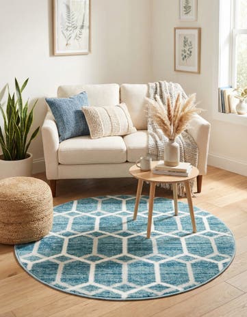 Blue Lattice Trellis Round Rug