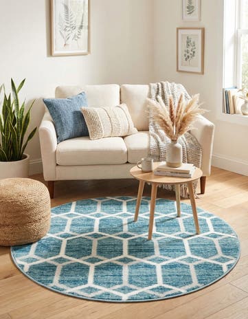 Blue Lattice Trellis Round Rug