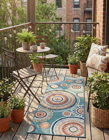 Light Blue Easy-Clean Botanical Indoor / Outdoor Runner Rug
