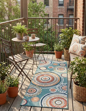 Light Blue Easy-Clean Botanical Indoor / Outdoor Runner Rug