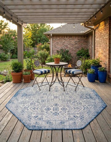 Blue Easy-Clean Aztec Indoor / Outdoor Octagon Rug