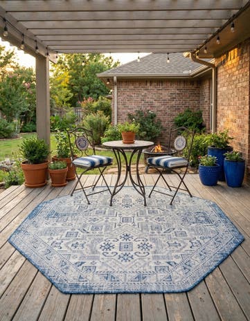 Blue Easy-Clean Aztec Indoor / Outdoor Octagon Rug