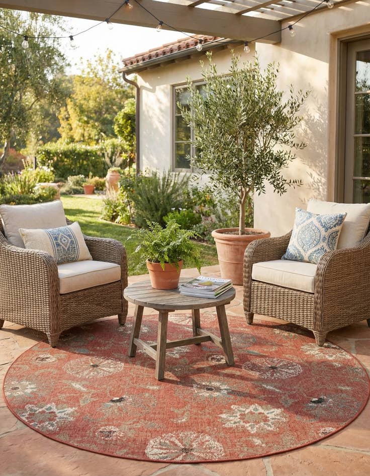 Detail image of 7' 10 x 7' 10  Washable Botanical Indoor / Outdoor Round Rug