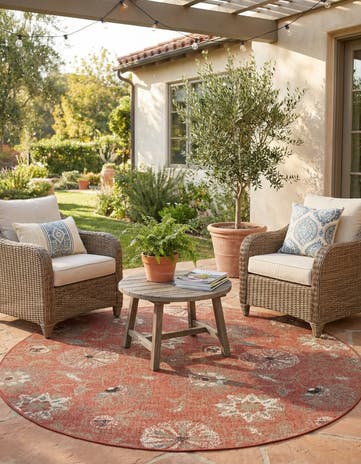 Terracotta Easy-Clean Botanical Indoor / Outdoor Round Rug