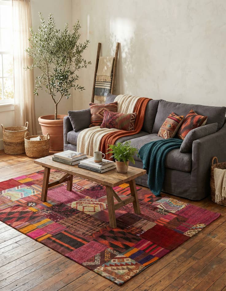 Detail image of 4' 10 x 6' 6  Hand Woven Kilim Patchwork Wool Rug