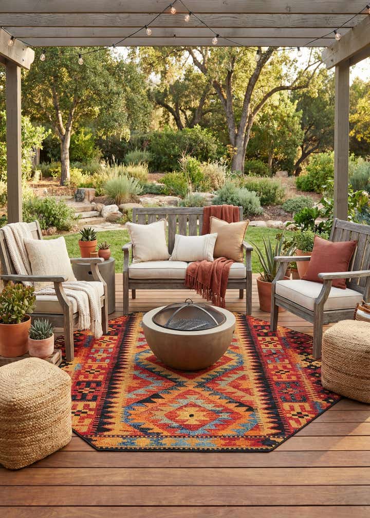 7' x 7' Easy-Clean Tribal Indoor / Outdoor Octagon Rug