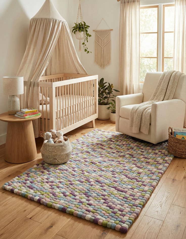 Detail image of  4' 1 x 6' 1  Hand Woven Felt Ball Wool Rug