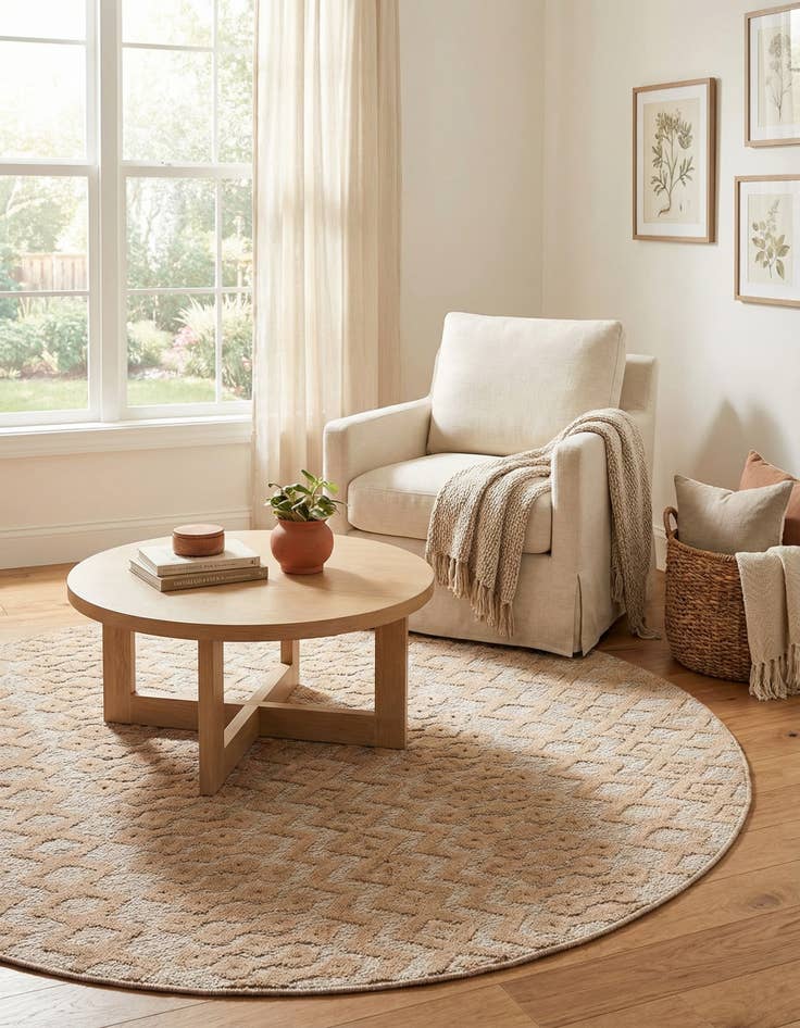 Detail image of  7' x 7'  Washable Trellis Textured Indoor / Outdoor Round Rug