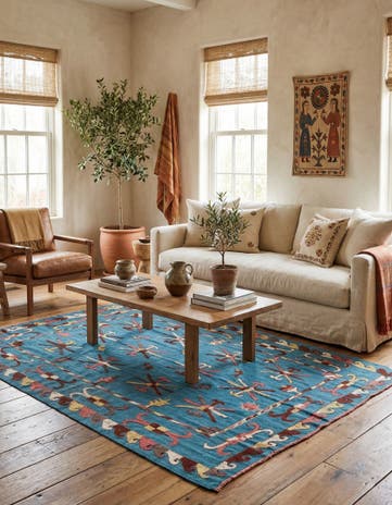 5' 9 x 7' 5 Hand Woven Kilim Suzani Wool Rug