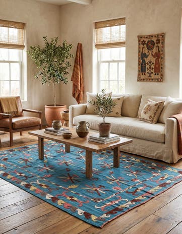 5' 9 x 7' 5 Hand Woven Kilim Suzani Wool Rug