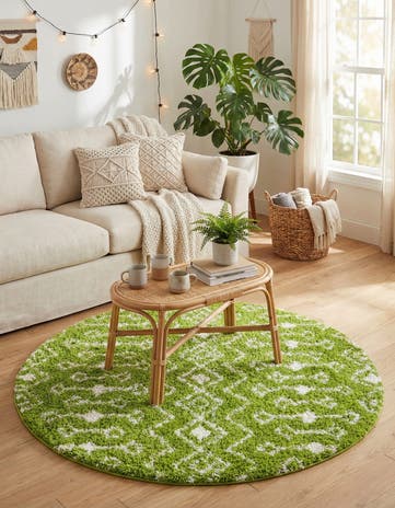 Green Moroccan Trellis Shag Round Rug