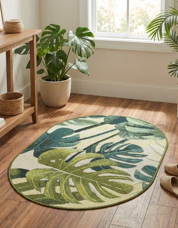 Green Easy-Clean Botanical Indoor / Outdoor Oval Rug