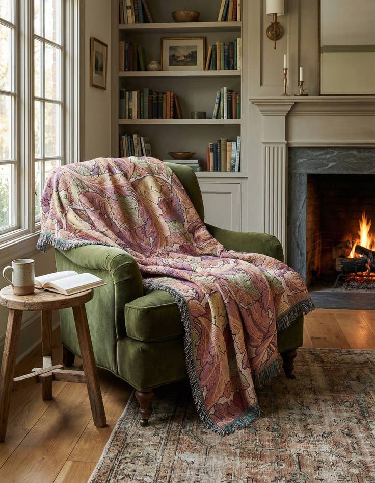 Detail image of 4' 6 x 6' William Morris Acanthus Leaves Sherbet Throw Blanket