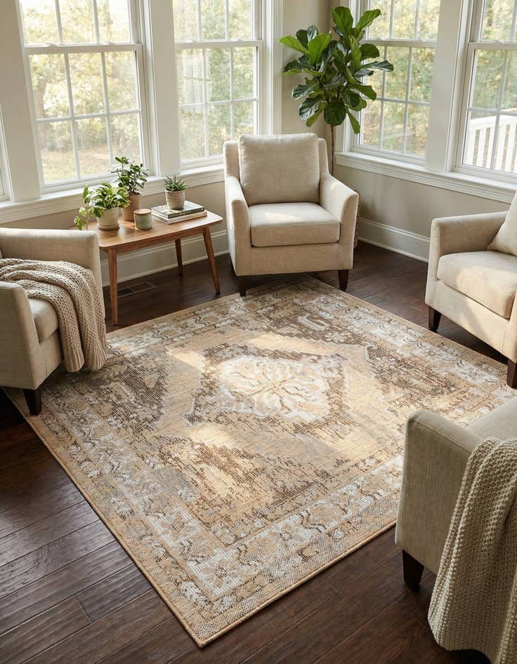 Detail image of 5' 3 x 5' 3  Washable Traditional Indoor / Outdoor Square Rug