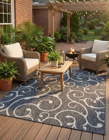 Charcoal Gray Easy-Clean Botanical Indoor / Outdoor Rug