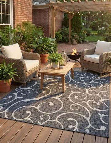 Charcoal Gray Easy-Clean Botanical Indoor / Outdoor Rug