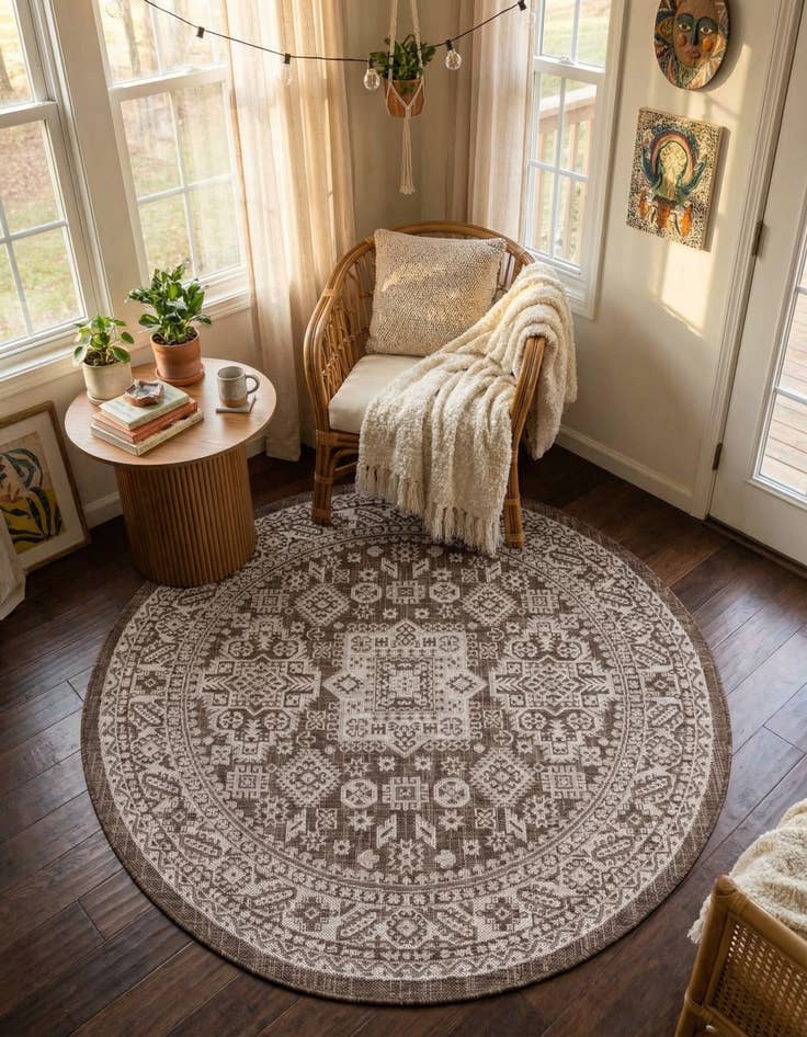 Detail image of  5' 3 x 5' 3  Washable Aztec Indoor / Outdoor Round Rug