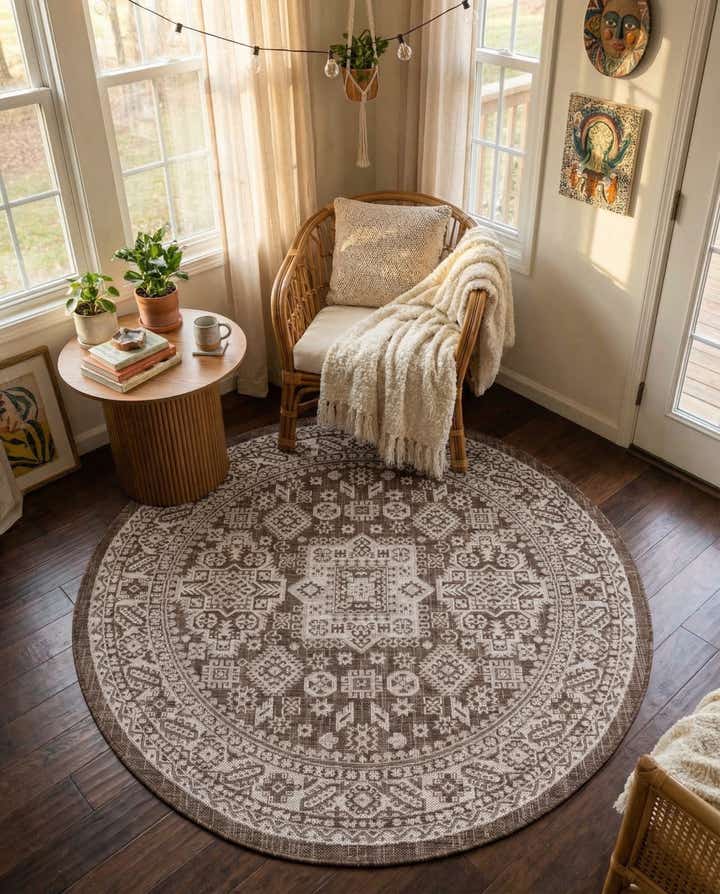 5' 3 x 5' 3 Easy-Clean Aztec Indoor / Outdoor Round Rug