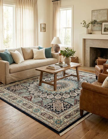 Navy Blue Nain Design Square Rug