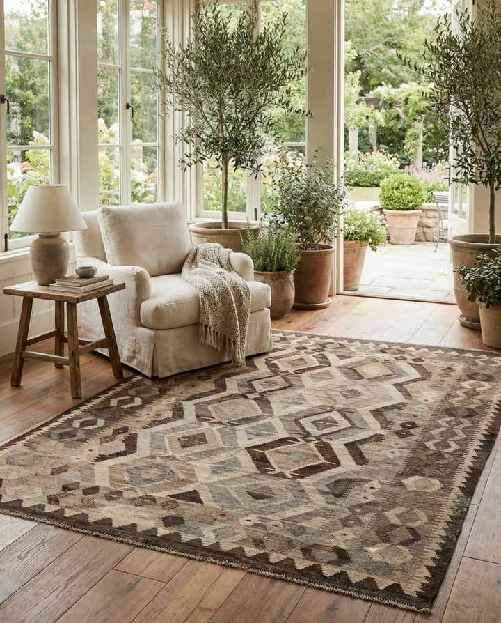 5' 3 x 6' 8 Hand Woven Kilim Maymana Wool Rug