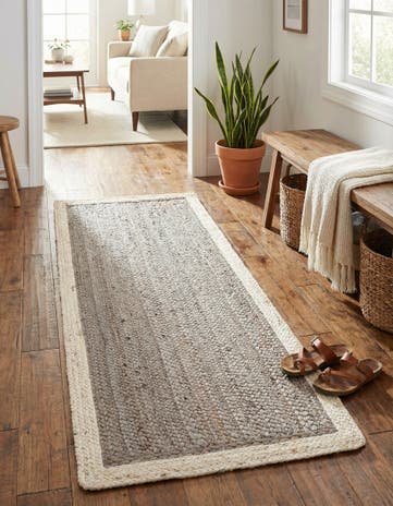 Gray and White Handmade Braided Jute Runner Rug