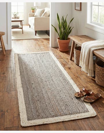 Gray and White Handmade Braided Jute Runner Rug