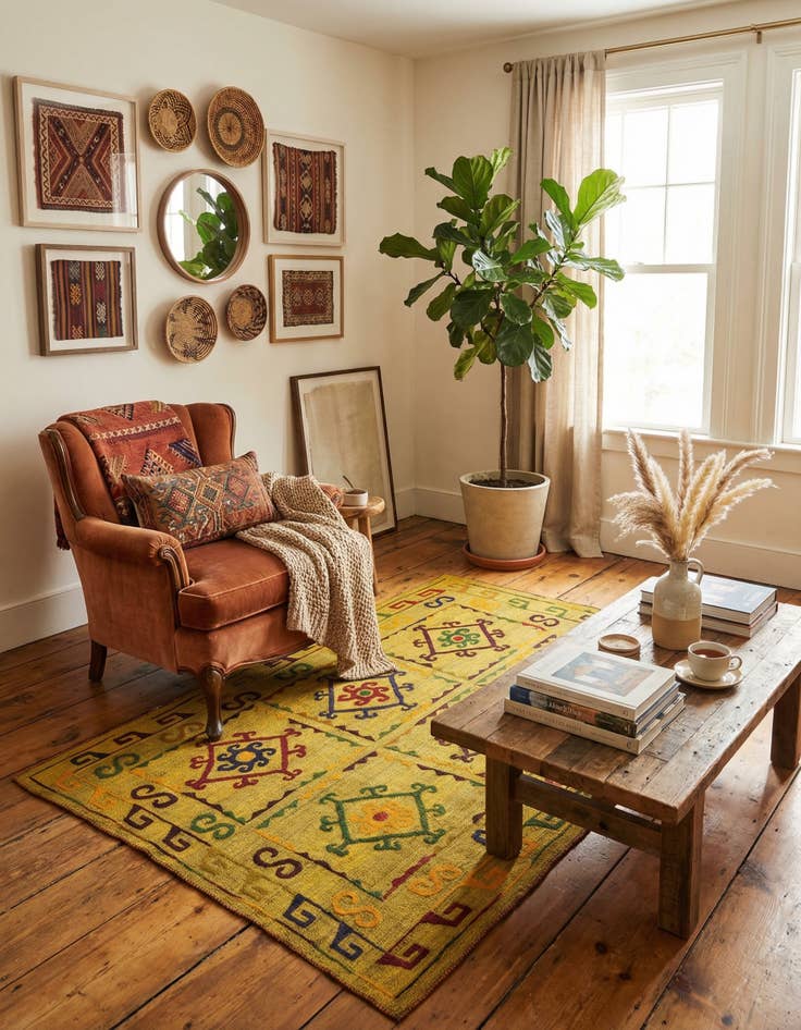 Detail image of 4' 7 x 6'  Hand Woven Kilim Suzani Wool Rug