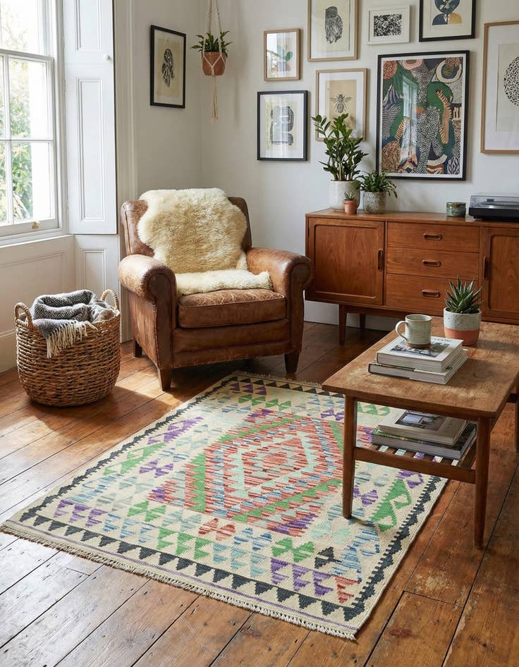 Detail image of 3' x 3' 6  Hand Woven Kilim Maymana Wool Square Rug