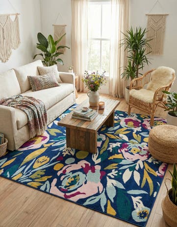 Navy Blue Bloom Square Rug