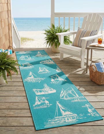 Teal Easy-Clean Coastal Indoor / Outdoor Runner Rug