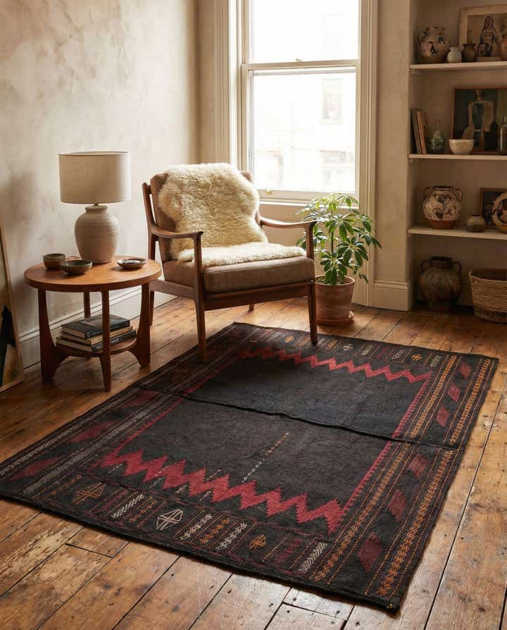 3' 9 x 4' 3 Hand Woven Kilim Modern Wool Square Rug