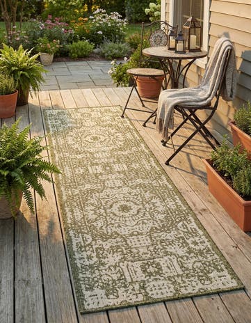 Green Easy-Clean Traditional Indoor / Outdoor Runner Rug