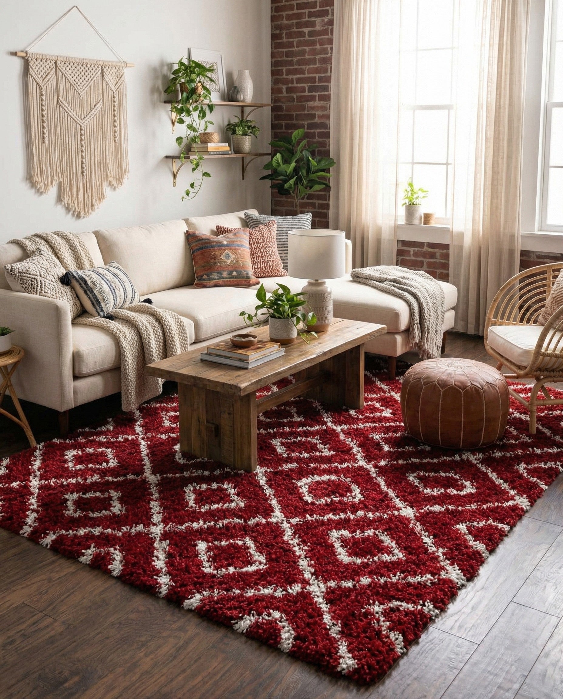 A rectangular 8x10 red shag rug with a modern white lattice diamond pattern, featuring a textured high/low pile.